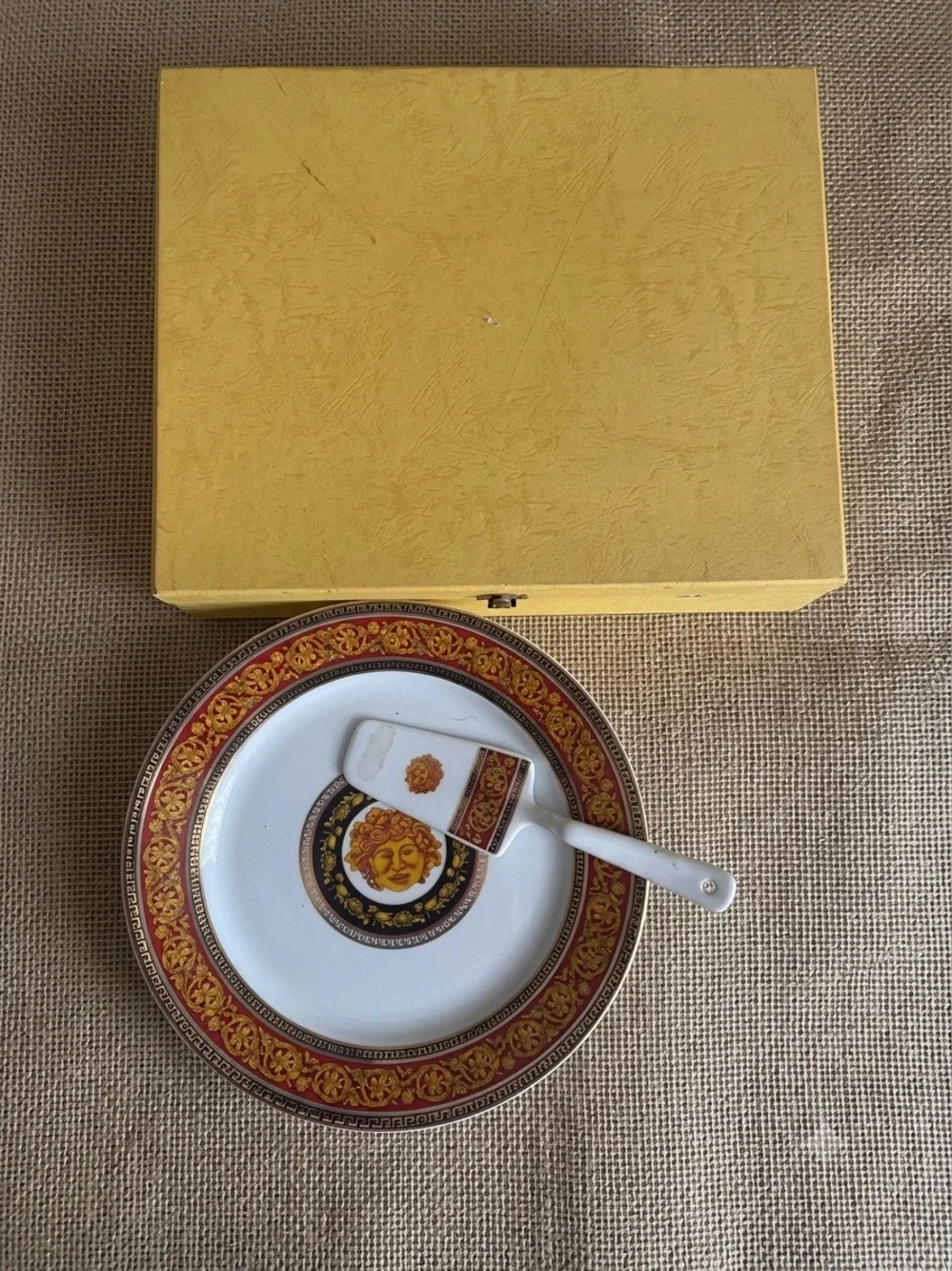 Versace-Style Medusa Red Footed Cake Stand & Matching Server Set